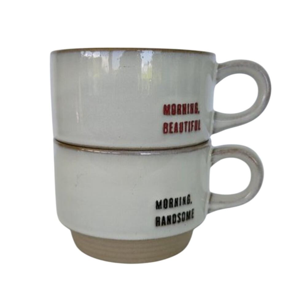 Heart & Hand Magnolia Stoneware Mug Set Handsome & Beautiful Cream Stripe 2pc